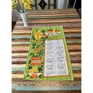 Vintage 100% Linen Calendar 1977 Months Retro Flowers Fruit Peace & Plenty Towel